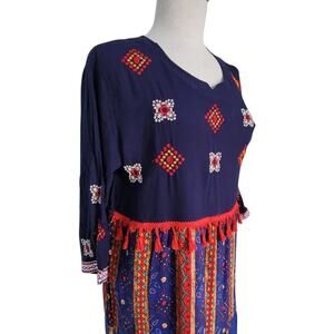 Vintage Maxi Dress 70s Blue Multicolor Boho Hippie Festival Large with Tassels